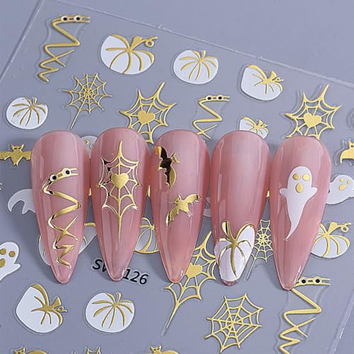 Halloween Nail Stickers - Gold Foil Spider Web Pumpkin Leaves Design 6 Sheets
