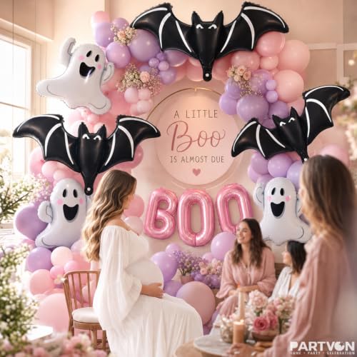 Pink Halloween Balloons Set with Ghost & Bat Decor - Cute Party Supplies with Boo Letters - Variation: Pink
