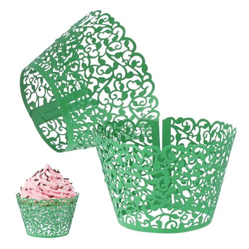 Dark Green Cupcake Wrappers 100-Pack Vine Design for Weddings & Parties
