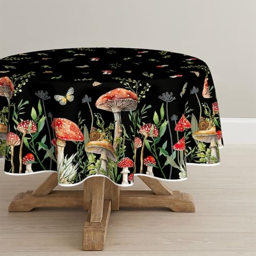 Horaldaily Mushroom Black Tablecloth 90 Inch Round - Durable Polyester