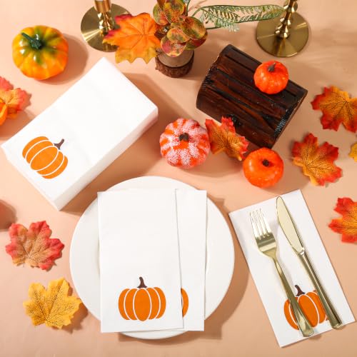 Fall Pumpkin Paper Napkins - 100 Pack Disposable Guest Towels for Autumn