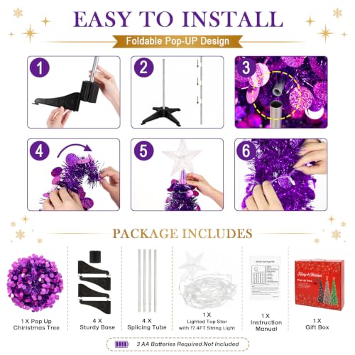5FT Purple Lighted Christmas Tree with Star Topper - Pop-Up Holiday Decor