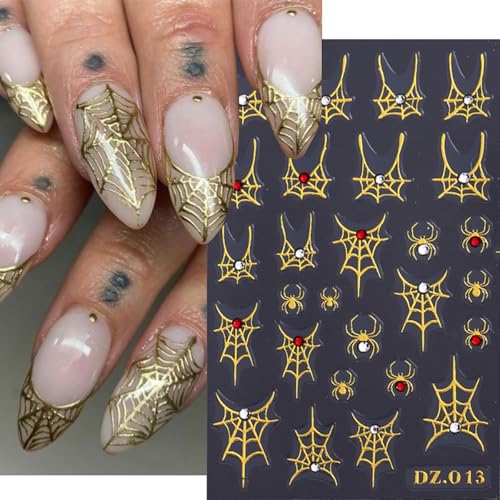 Halloween Spider Web Nail Stickers Set - 4 Sheets Self-Adhesive 3D Decals with Rhinestones - Spider Web Design for Nails - Variation 1