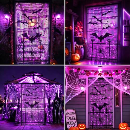 Halloween Door Cover Lights - Purple Bat Design, 6.5x3.2ft with 140 LEDs & 8 Lighting Modes