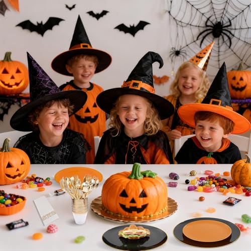 Black and Orange Disposable Plastic Plates Set - 210 Pieces, Halloween Party Dinnerware