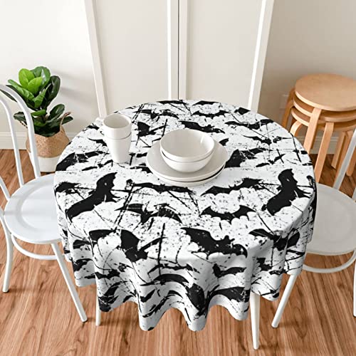 Halloween Bat Tablecloth - Black & White Vintage Design, 60 Inch Round, Washable & Reusable