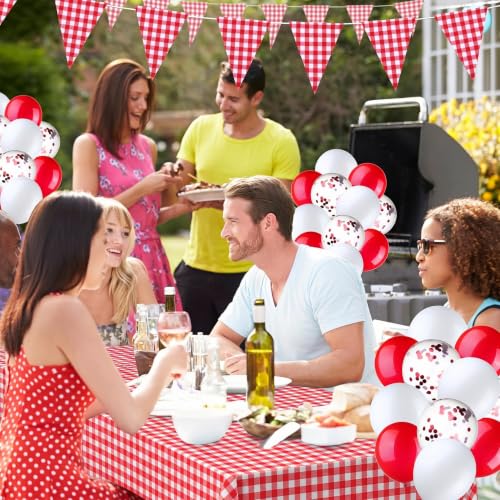 Gingham Party Supplies Set with Tablecloths Balloons & Flags - Red & White