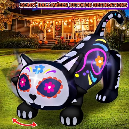 5 Ft Day of The Dead Skeleton Cat Inflatable Halloween Decor with Lights