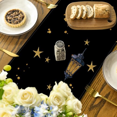 Black Castle Lantern Flower Ramadan Table Runner - 13x72 Inch Seasonal Home Decor