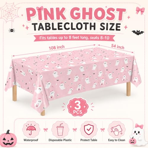 Pink Halloween Tablecloth 3 Pack - Cute Ghost & Spooky Decor, 54x108 Inches - Halloween Variation