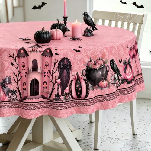 Elegant Pink Halloween Round Tablecloth 60 Inch Waterproof Spooky Decorations