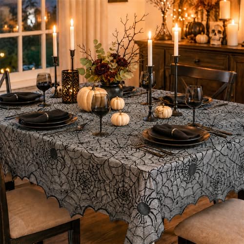 Halloween Spider Web Lace Tablecloth - 54x72 Inch Black Spooky Decor