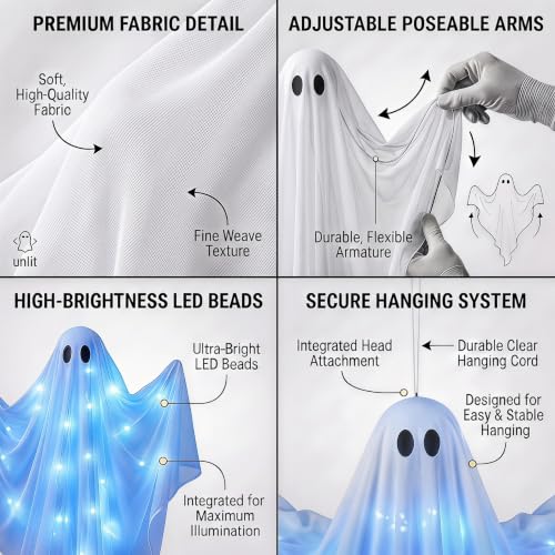 Outdoor Halloween Hanging Ghost Decor with LED Lights, 47 Inch