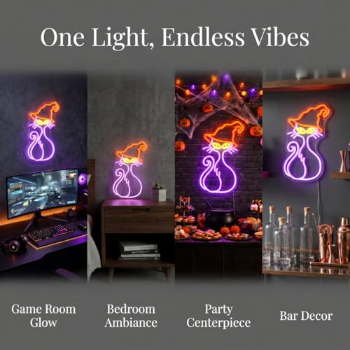 Witch Cat Neon Sign Wall Decor - 15.75x10.08 Inch LED Halloween Light with Dimmer