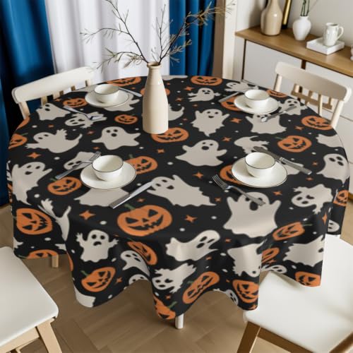 Halloween Ghost & Pumpkin Round Tablecloth 60 Inch Black Spooky Fall Decor - Variation of THIS listing