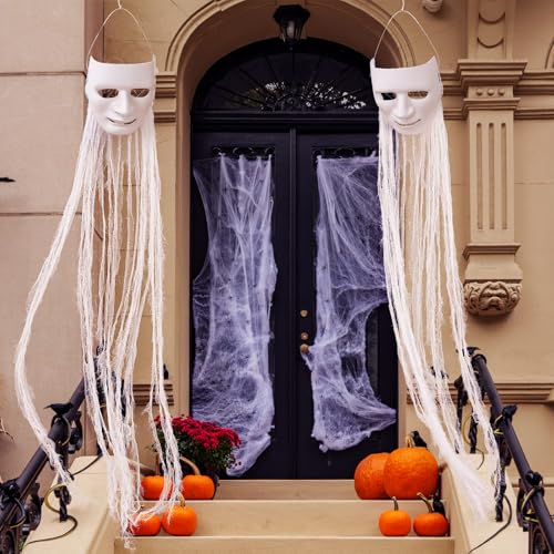 Halloween Hanging Ghost Decorations Set with Purple LED Lights - Outdoor Spooky Ghosts, 4 Pieces