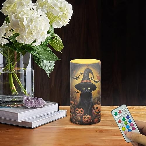 Flameless LED Pillar Candle with Remote & Color Change - Black Cat Witches Pumpkin