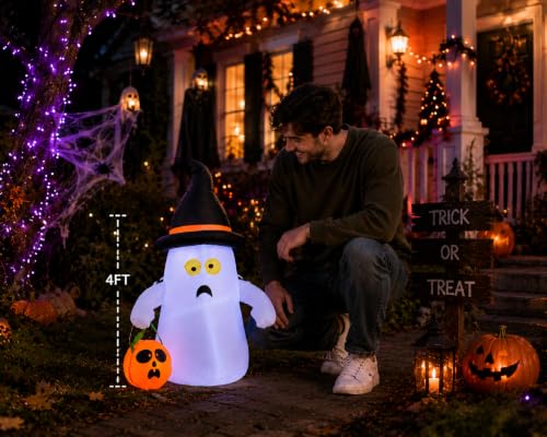 4FT Inflatable Ghost with Pumpkin Lantern LED Outdoor Halloween Yard Decor