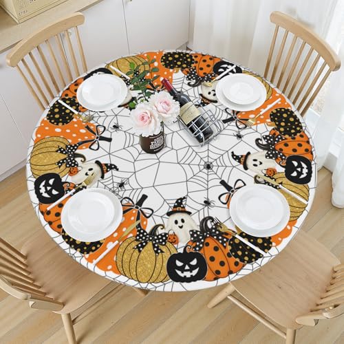 Halloween Round Fitted Tablecloth with Elastic - White & Gold Pumpkin Pattern, 43 Inch