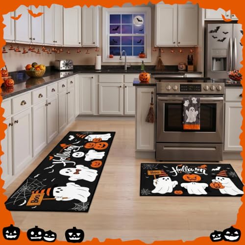 Halloween Ghost and Pumpkin Non-Slip Kitchen Rugs Set of 2 - 17x29 & 17x47 Inches