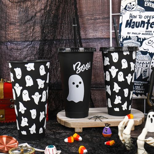 Halloween Ghost Plastic Cups with Lids & Straws - 24 Oz Reusable Tumblers for Party, Birthday & Baby Shower Decor, Black & White, Set of 12
