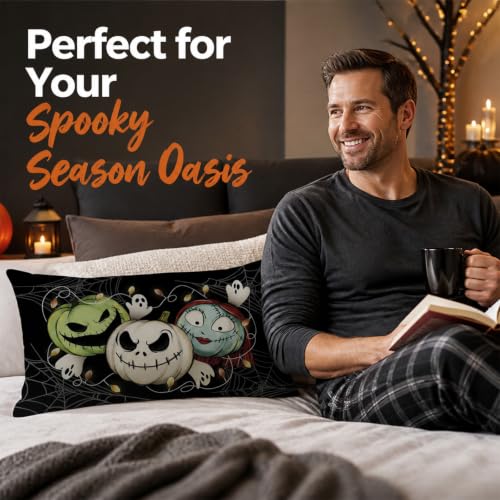 Halloween Pillow Cover 12x20 Inch Black Cushion Case Spooky Skeleton & Rag Doll Design