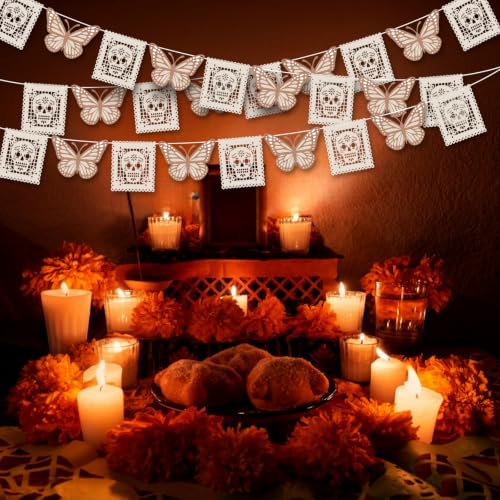 White Papel Picado Banner for Day of the Dead Decorations - 6 Pack, 7 ft