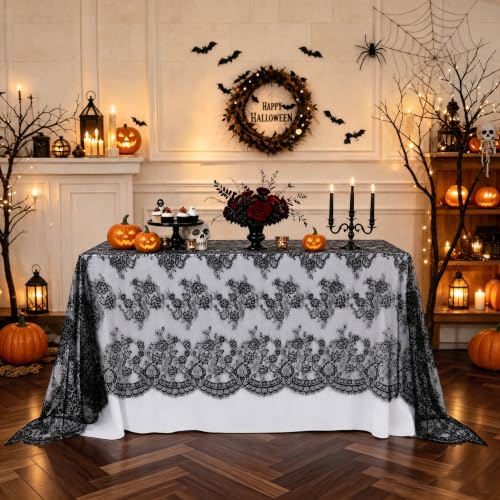 Black Lace Tablecloth 60x120 Inches - 2 Pieces Rectangular Halloween Party Decor