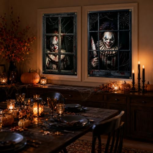 Halloween Scary Clown Window Decor Set - Crazy Clowns Variant, 32 x 47 Inches