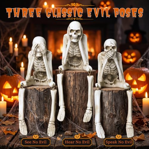 Halloween Skeleton Decor 3-Piece Resin Skeleton Figurines Set - See No Evil, Hear No Evil, Speak No Evil Variation