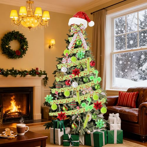 Halfchet Christmas Hat Hanging Ornament - 43 Pcs Holiday Tree Decorations with Ribbon Candy Red White and Green - Festive Party Decor