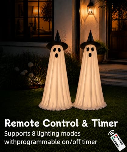 Lighted Halloween Ghost Decorations with Remote & Timer - White, 2 Pack