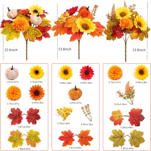 Autumn Artificial Floral Picks Set - 6 Pack Fall Silk Flowers with Pumpkins Sunflowers & Maple Leaves for Decor