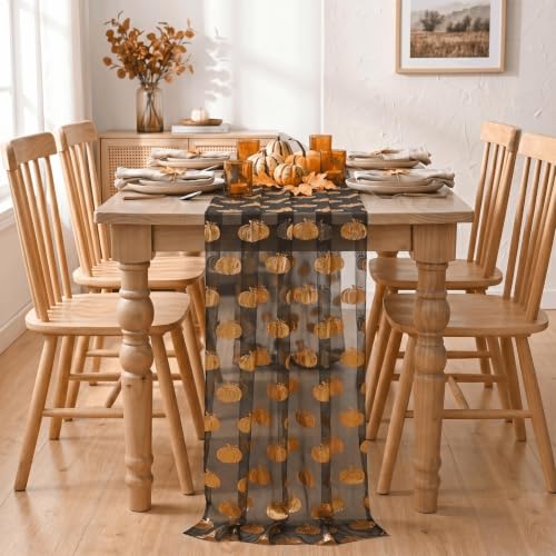 Fall Gauze Table Runner 120 Inch with Metallic Foil Pumpkin Black Gold - Artoid Mode