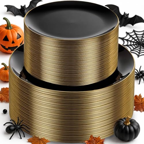 Black and Gold Disposable Plates Set - 50 Dinner & 50 Salad Plates for Parties