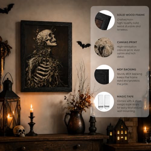 Framed Gothic Skeleton Wall Art - Dark Academia Halloween Home Decor 16x12in - Skeleton Print