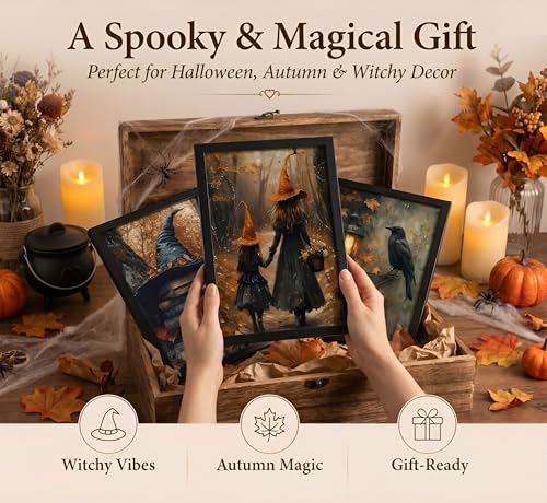 Halloween Canvas Wall Art 3-Piece Set - Framed Autumn Gothic Witch Crow Books - 24x16 Inches