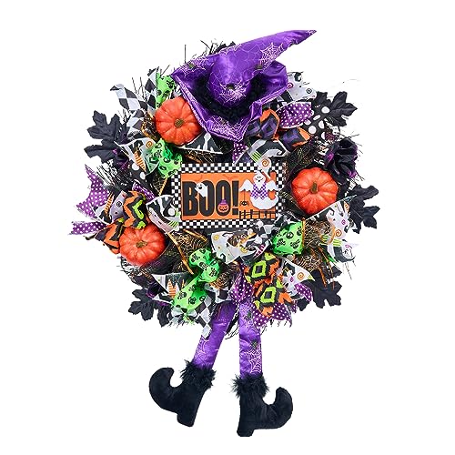 Halloween Wreath for Front Door - 20 Inch Whimsical Mesh Decor with Witch Accents