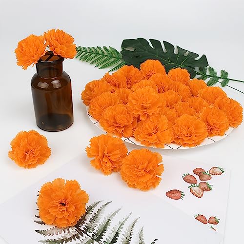 Artificial Marigold Flowers Set - 30 Pcs 3.54 Inch Orange Silk Flowers with Stems for Diwali Indian Wedding Home Decor, DIY Wreath Garland, Day of The Dead