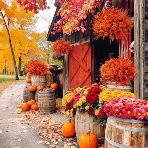 Artificial Fall Flowers for Outdoors - 12 Bundles Faux Mums, Orange Variation