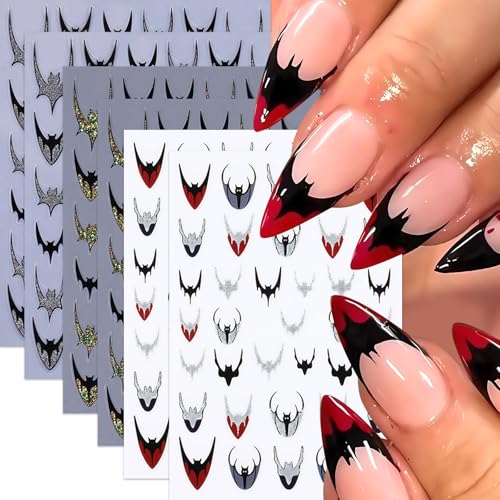 Halloween Glitter Bats Nail Stickers - 6 Sheets 3D Self-Adhesive Nail Art Decals