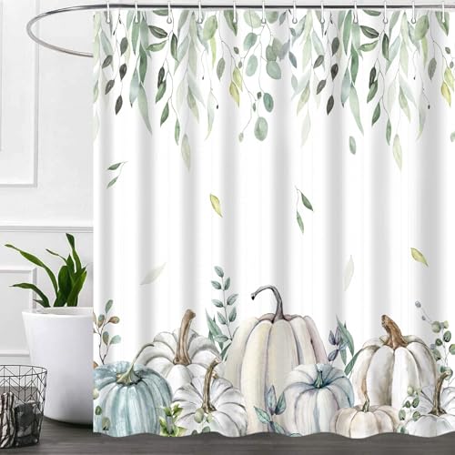 Pumpkins Fall Leaves Shower Curtain - Farmhouse Autumn Botanical Bathroom Decor - 72x84 Inch, Waterproof Fabric, Pack of 1