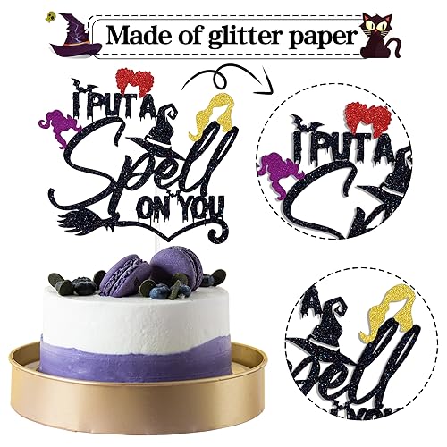 Halloween Witch Spell Cake Topper - Black Glitter Party Decor, 6x8.7 Inches