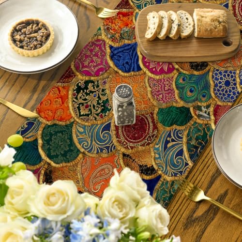Wave Shape Peacock Feather Lotus Paisley Table Runner - 13x72 Inch Home Decor