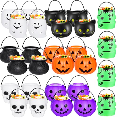 Halloween Candy Buckets Set - 28 Mini Plastic Holders with 7 Styles for Trick-or-Treating - Orange Pumpkin, Ghost & More