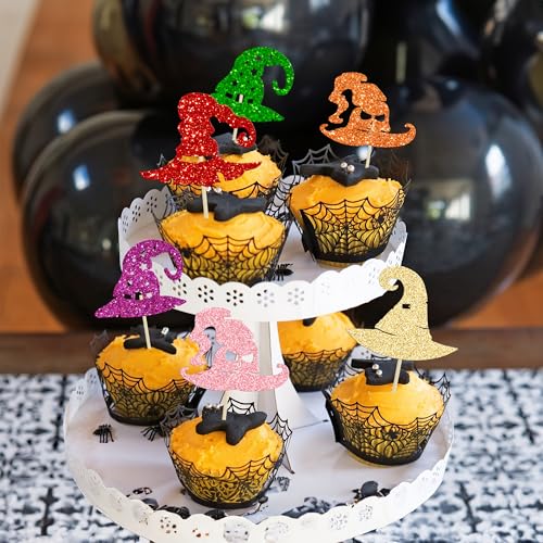 Halloween Witch Hat Cupcake Toppers - Glitter Wizard Hat Picks Style 32, 24PCS