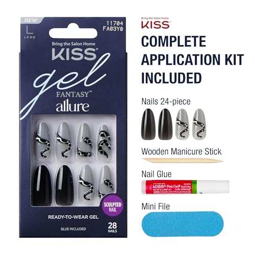 KISS Gel Fantasy Long Almond Press-On Nails - Voyage Variation, 28 Pcs, Reusable, Black Grey Snake Design