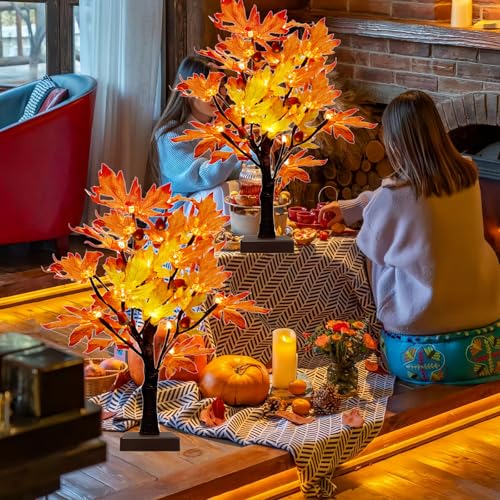 Lighted Fall Maple Tree Set - 2 Pack USB & Battery Operated Autumn Decor