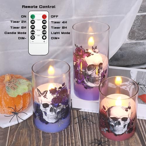 Halloween Flameless Candles Set of 3 Skull & Rose with Remote Timer - Indoor Decor