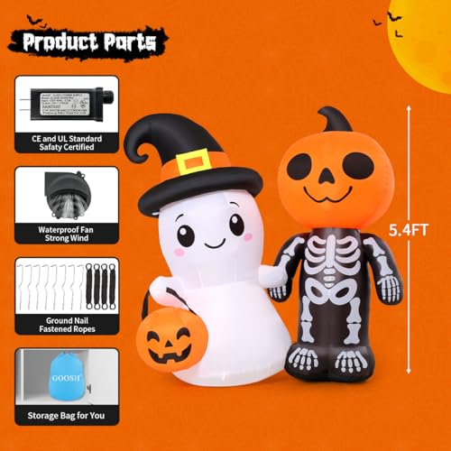 5.4Ft Halloween Inflatable Ghost and Pumpkin Yard Decor with LEDs, Outdoor Garden Decoration